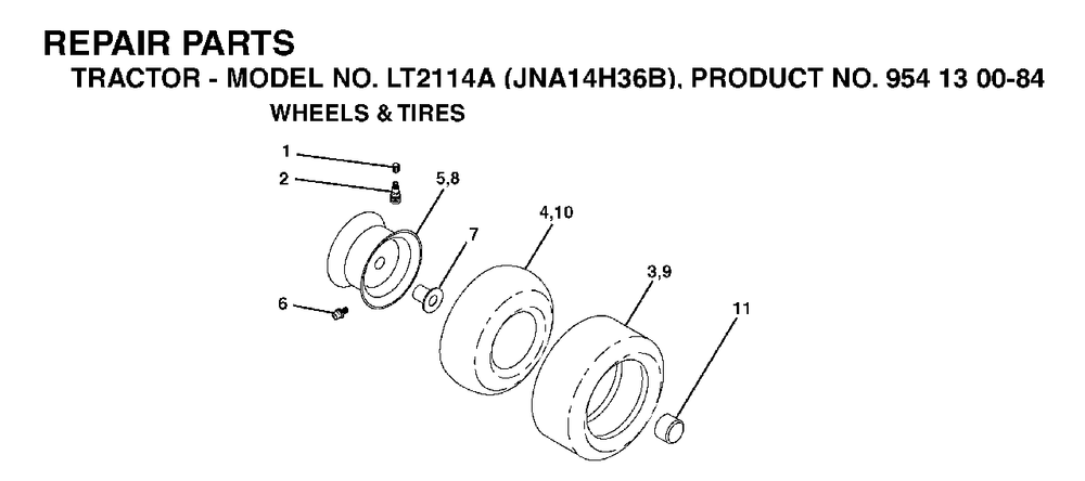 Wheels Tires Diagram and Parts List for LT2114A (954130084)(2003-05) Jonsered Lawn Tractor