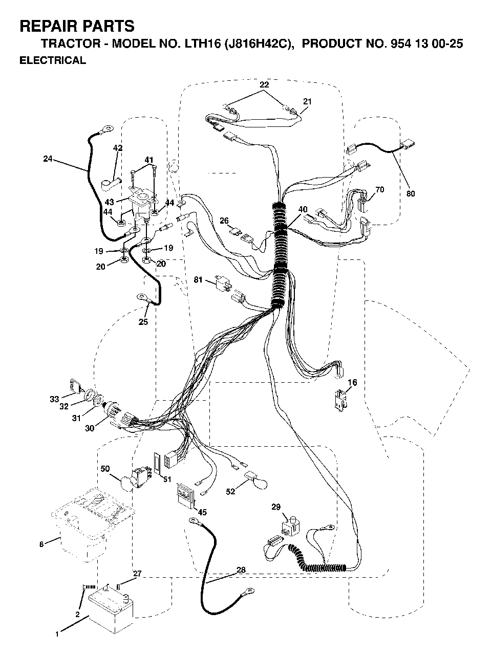 Electrical Diagram and Parts List for LTH16 (954130025)(1998-12) Jonsered Lawn Tractor