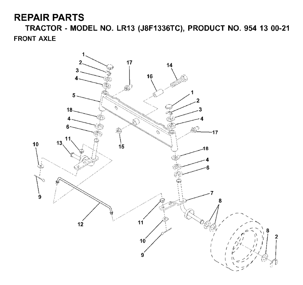 Front Axel Diagram and Parts List for LR13 (954130021)(2000-02) Jonsered Lawn Tractor
