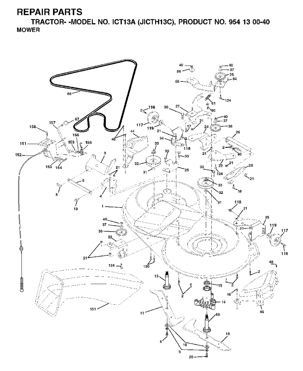 Mower Deck / Cutting Deck Diagram and Parts List for ICT13A (954130040-C)(2001-02) Jonsered Lawn Tractor