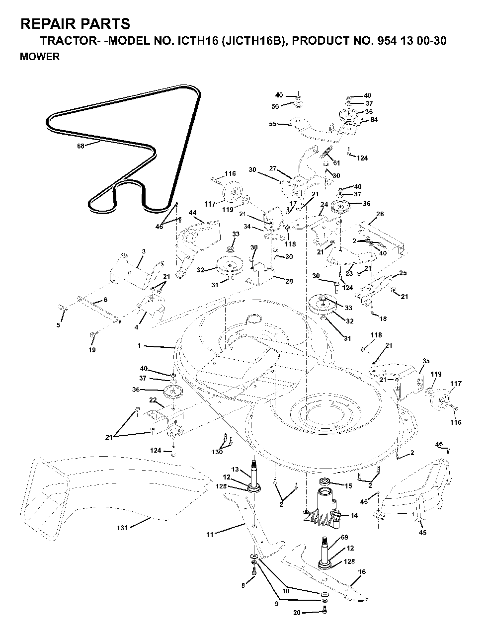 Mower Deck / Cutting Deck Diagram and Parts List for ICTH16 (954130030)(1999-03) Jonsered Lawn Tractor