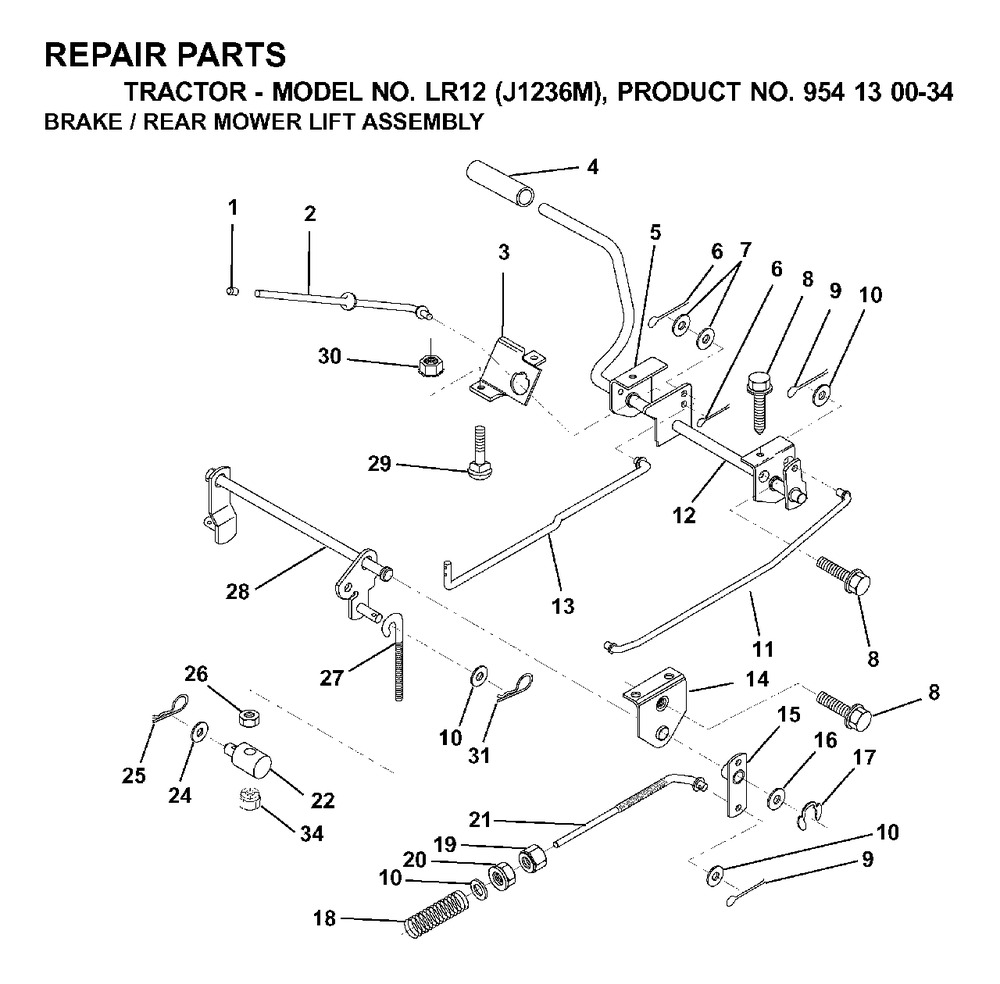 Brake / Rear Mower Lift Diagram and Parts List for LR12 (954130034)(2000-04) Jonsered Lawn Tractor