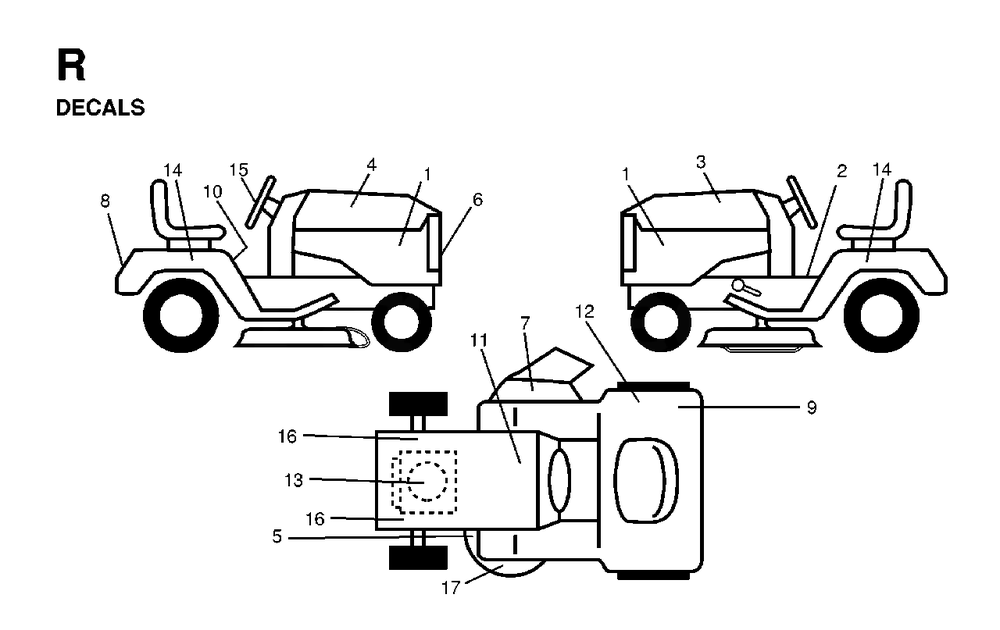 Decals Diagram and Parts List for LTH16 1998-01 Jonsered Lawn Tractor
