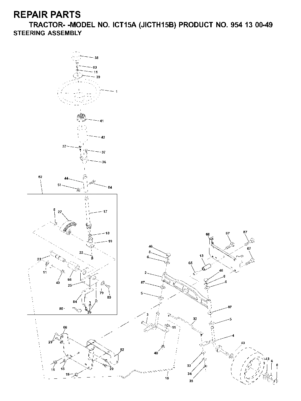 Steering Diagram and Parts List for ICT15A (954130049-B)(2001-02) Jonsered Lawn Tractor