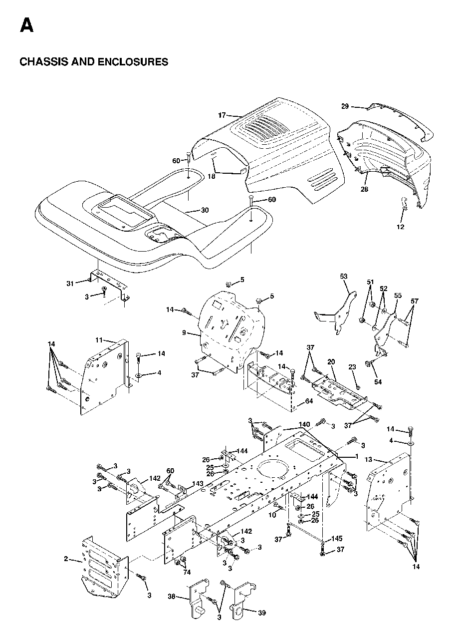 Chassis Enclosures Diagram and Parts List for LTH13 1998-01 Jonsered Lawn Tractor