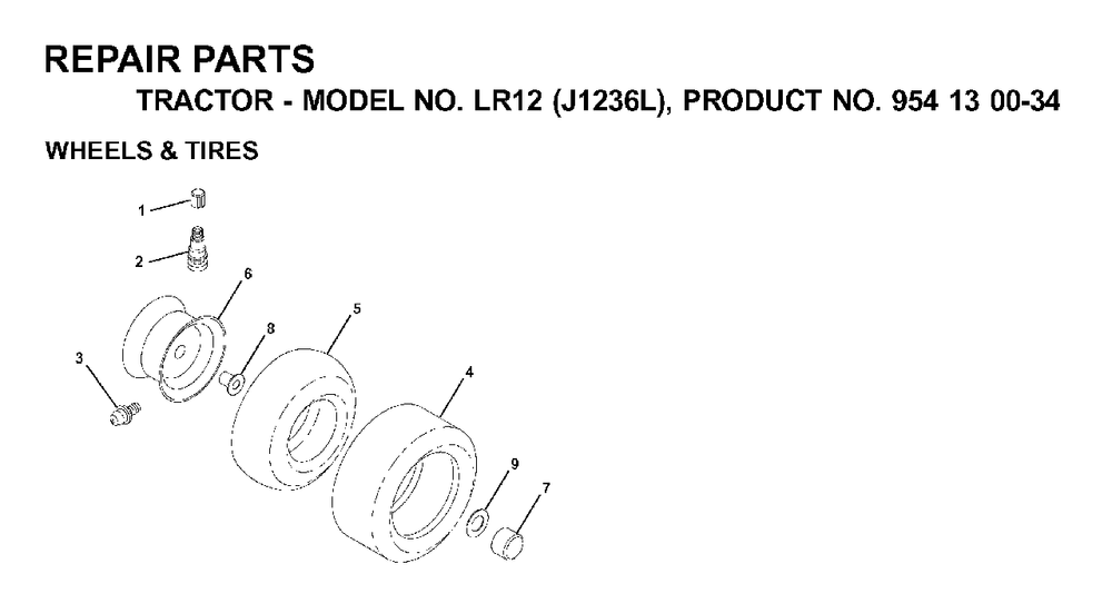Wheels Tires Diagram and Parts List for LR12 (954130034)(2000-03) Jonsered Lawn Tractor