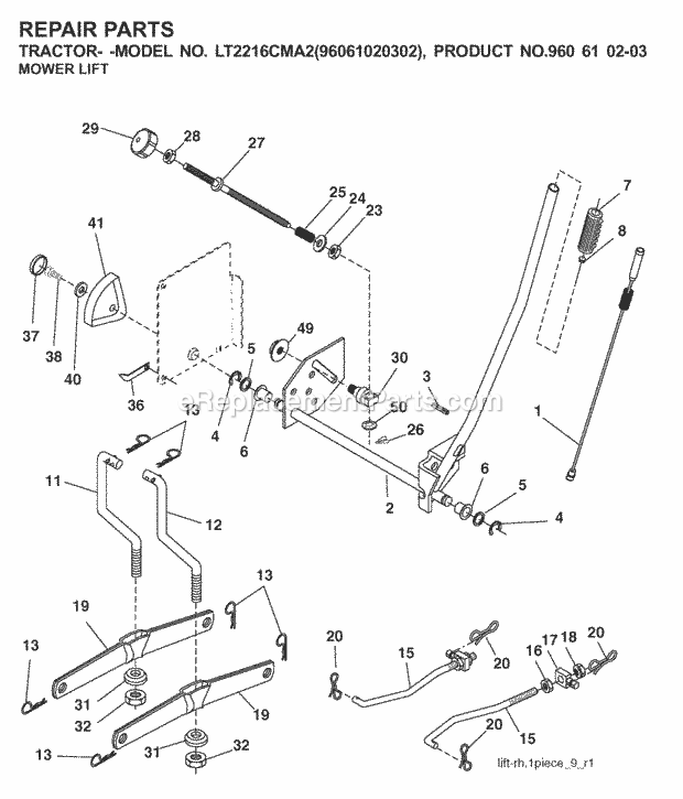 Mower Lift / Deck Lift Diagram and Parts List for LT2216CMA2 (960610203-96061020302)(2008-01) Jonsered Lawn Tractor