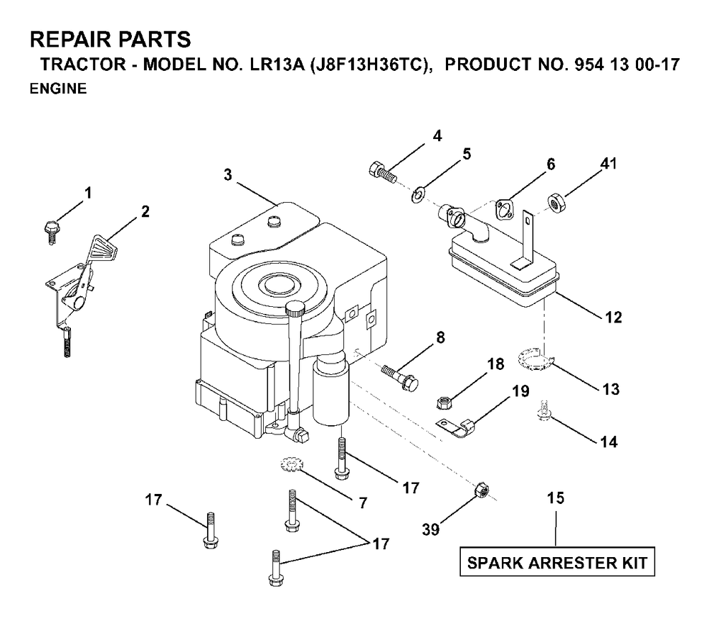 Engine Cutting Equipment Diagram and Parts List for LR13A (954130017)(2000-02) Jonsered Lawn Tractor
