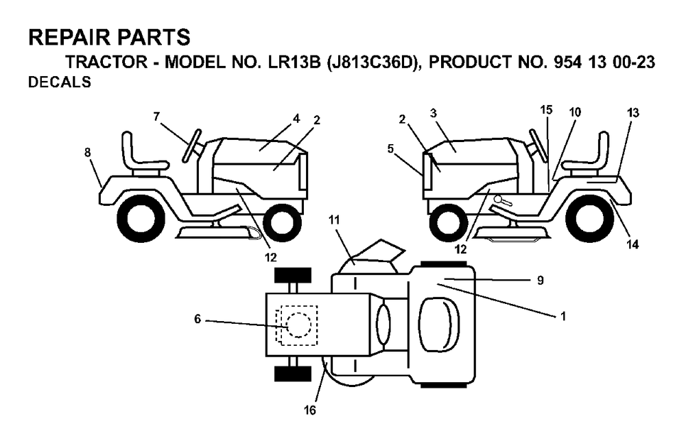 Decals Diagram and Parts List for LR13B (954130023)(2000-04) Jonsered Lawn Tractor