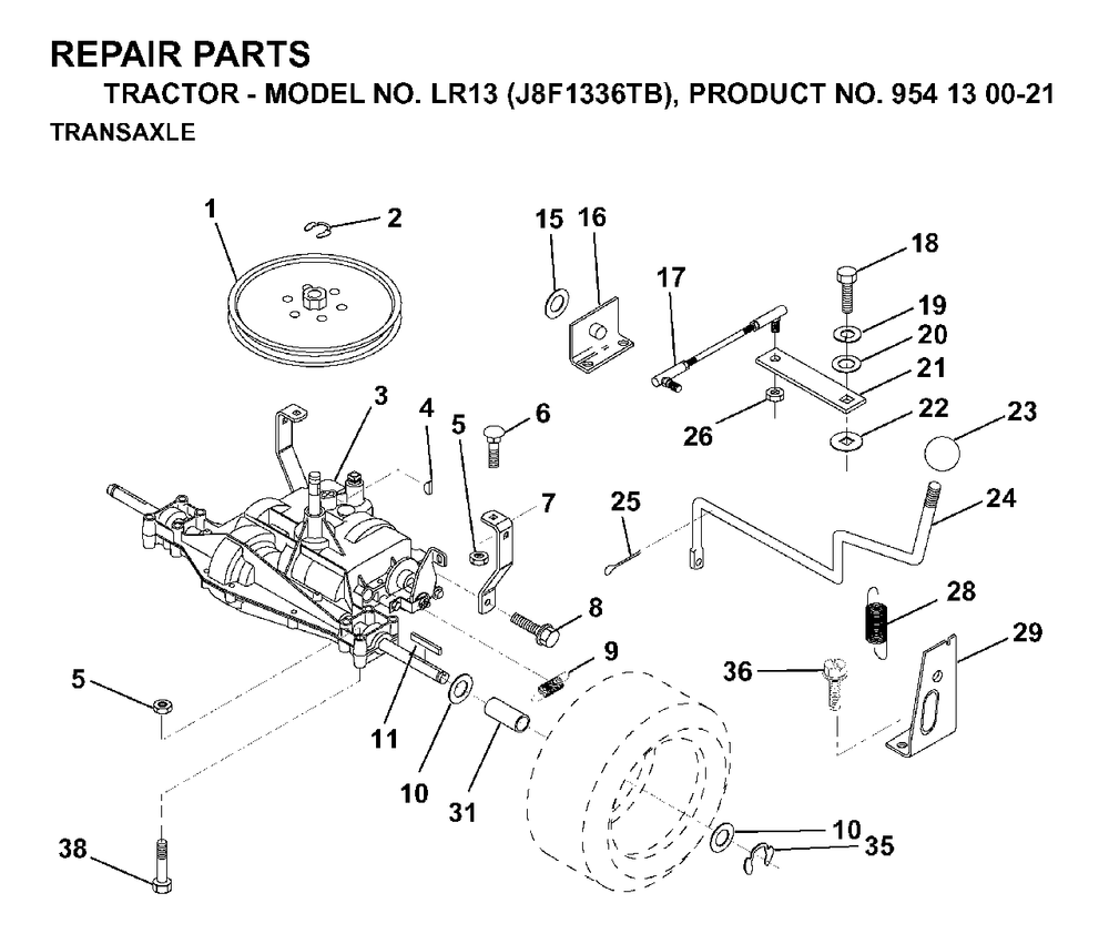 Transmission Diagram and Parts List for LR13 (954130021)(1998-12) Jonsered Lawn Tractor