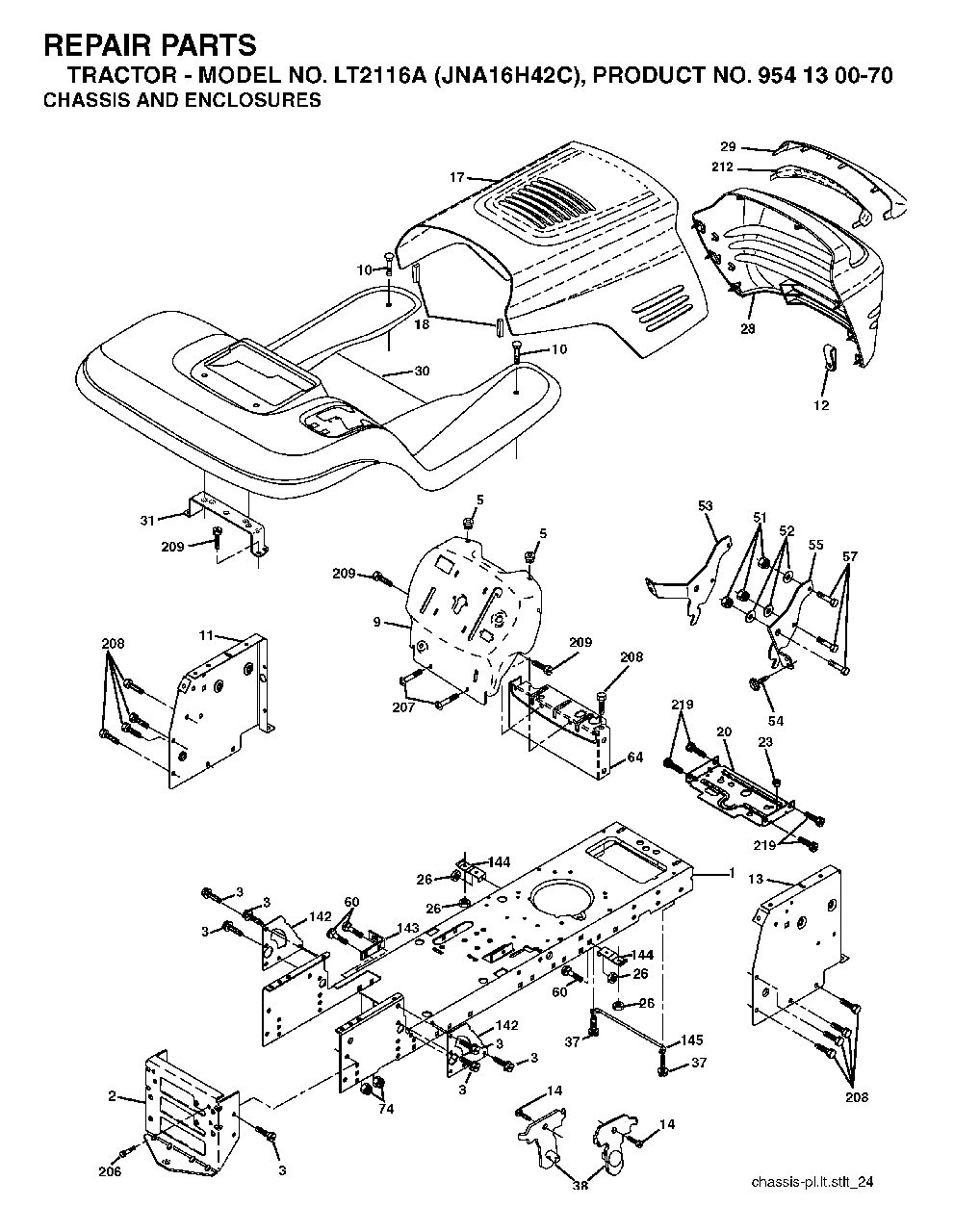 Chassis Enclosures Diagram and Parts List for LT2116A (954130070)(2003-05) Jonsered Lawn Tractor