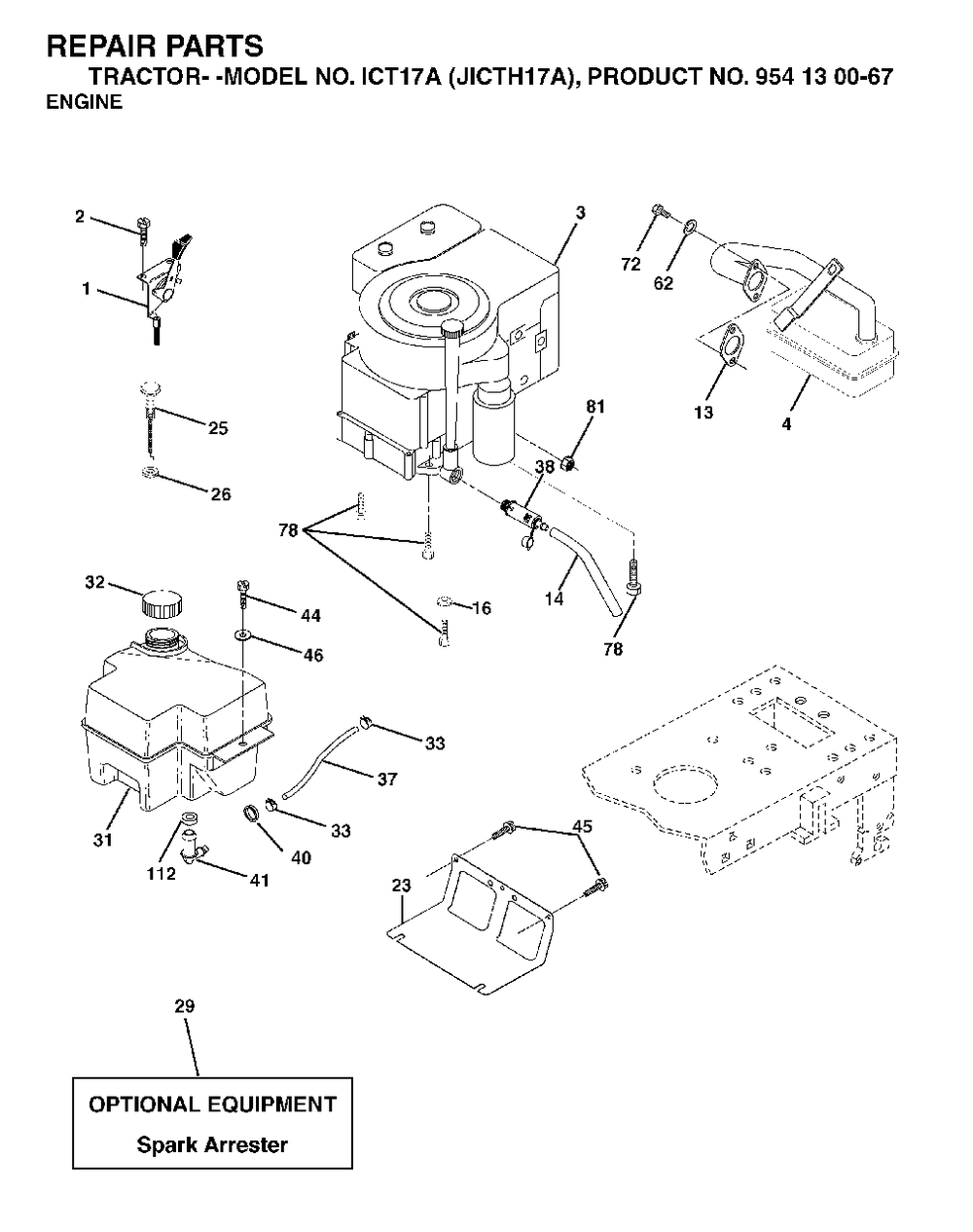 Engine Diagram and Parts List for ICT17A (954130067)(2002-02) Jonsered Lawn Tractor