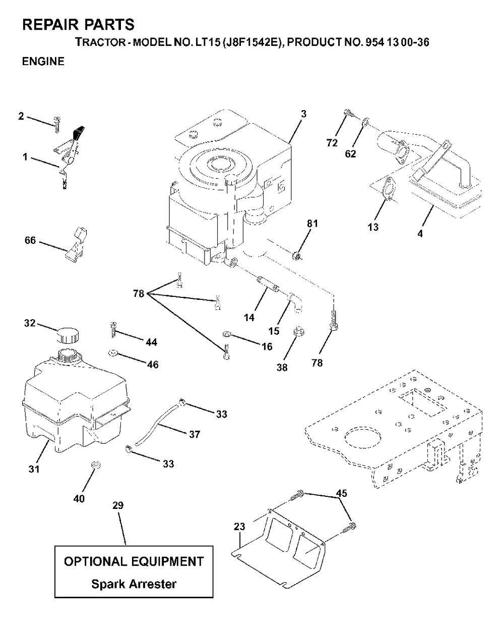 Engine Cutting Equipment Diagram and Parts List for LT15 (954130036)(2000-03) Jonsered Lawn Tractor