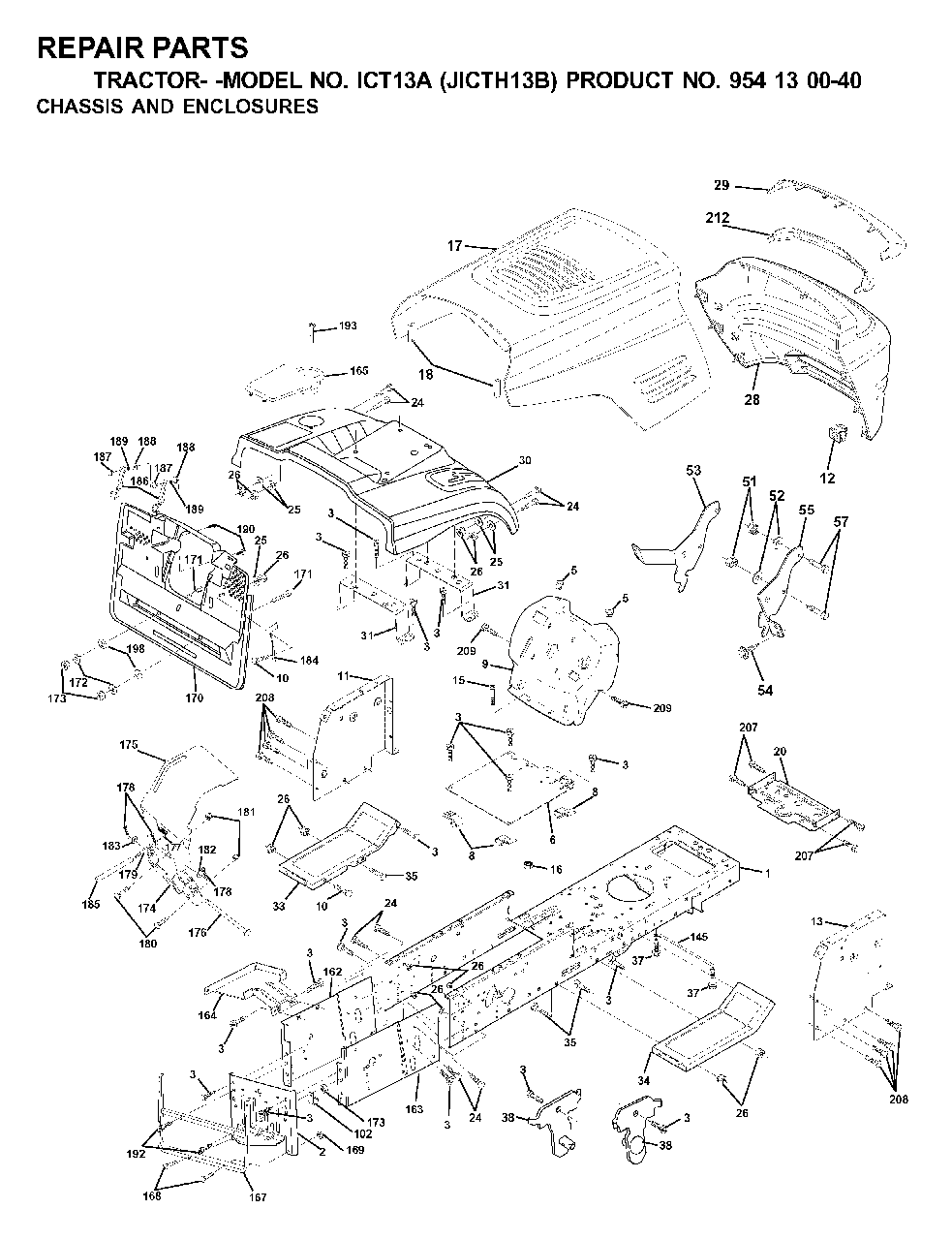 Chassis Enclosures Diagram and Parts List for ICT13A (954130040)(2000-04) Jonsered Lawn Tractor