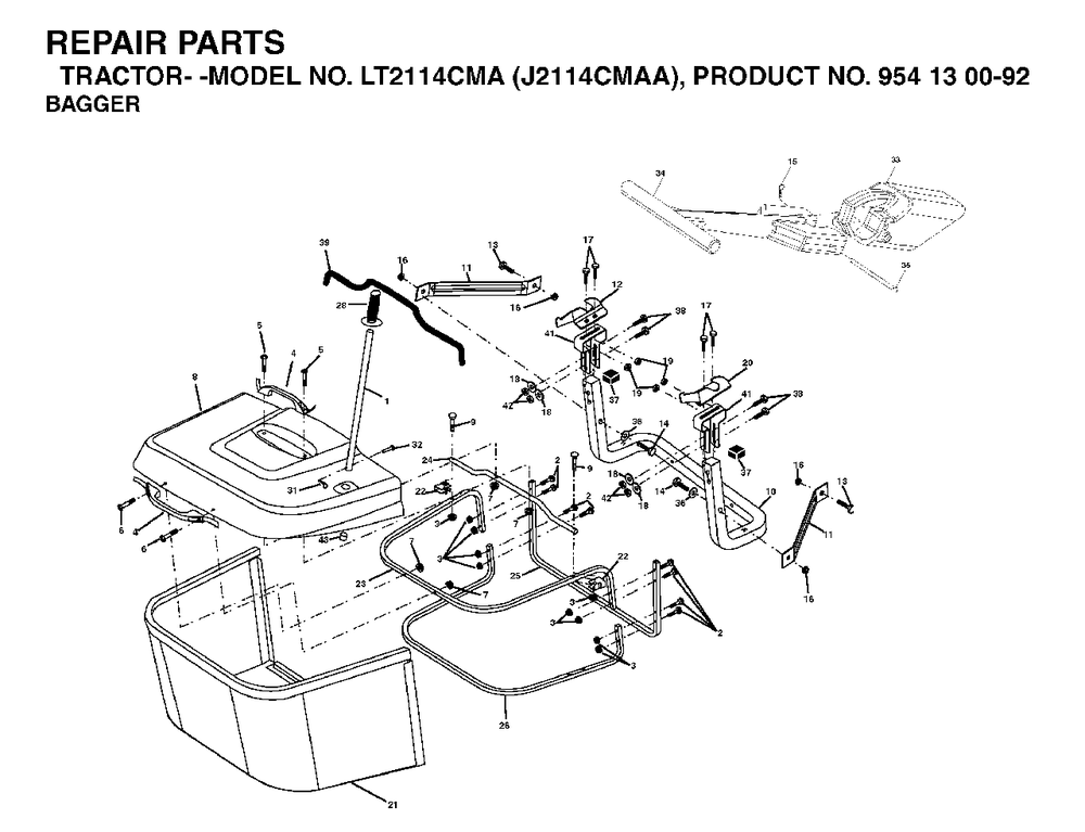 Bagger Diagram and Parts List for LT2114CMA (954130092-A)(2003-01) Jonsered Lawn Tractor