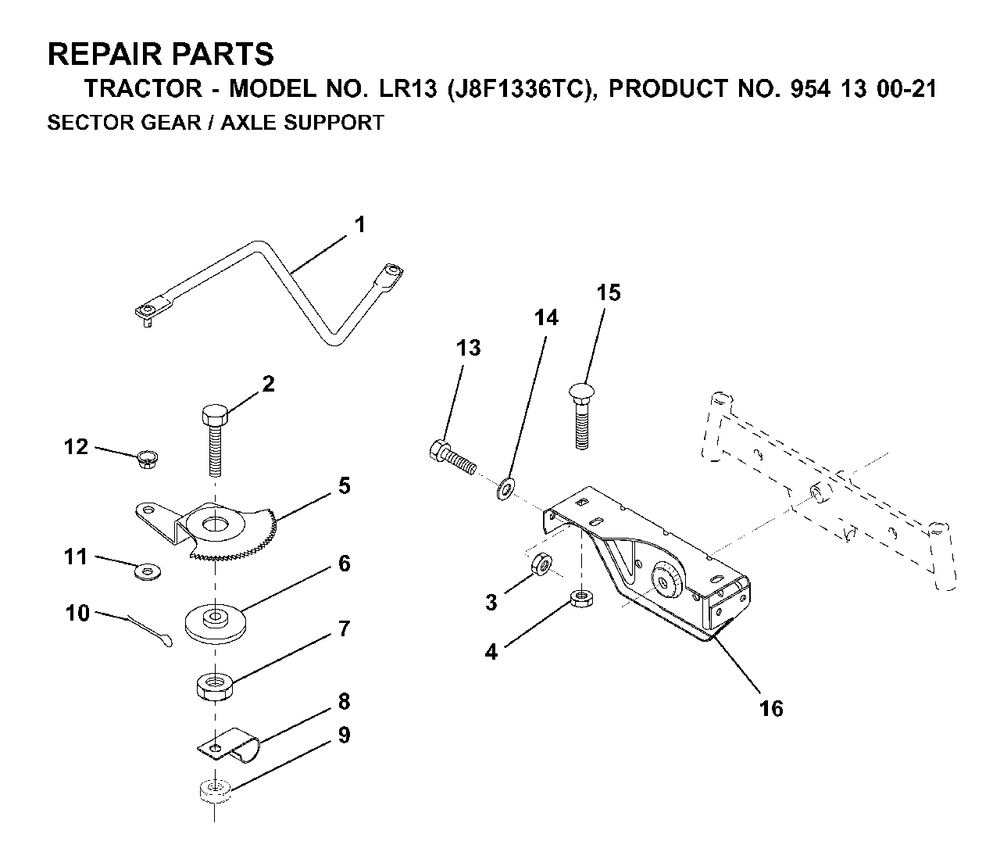 Sector Gear / Axle Support Diagram and Parts List for LR13 (954130021)(2000-02) Jonsered Lawn Tractor