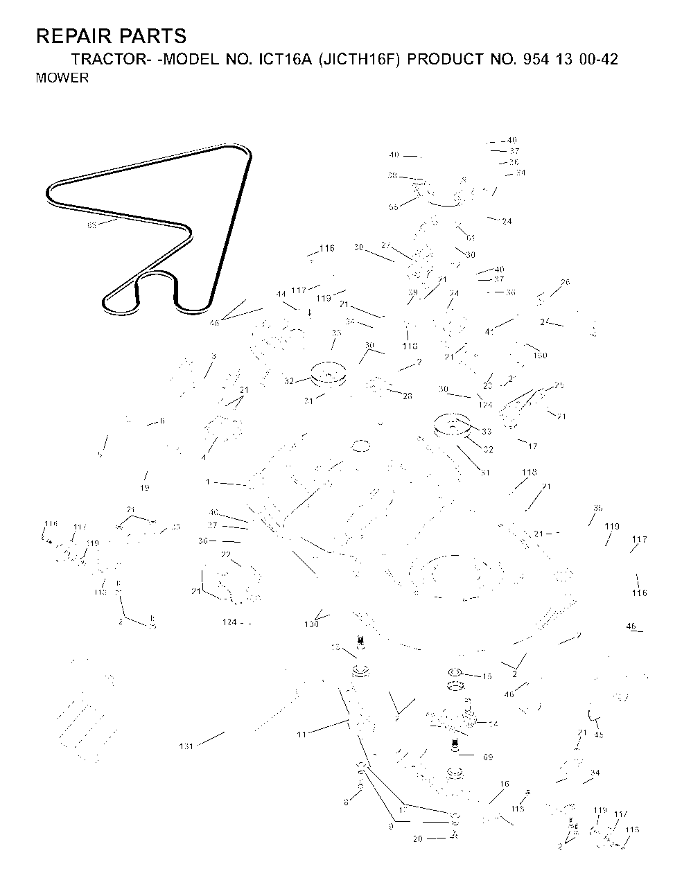 Mower Deck / Cutting Deck Diagram and Parts List for ICT16A (954130042-F)(2001-02) Jonsered Lawn Tractor