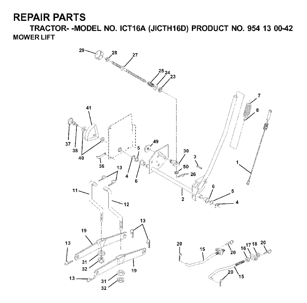 Mower Lift / Deck Lift Diagram and Parts List for ICT16A (954130042-D)(2000-04) Jonsered Lawn Tractor