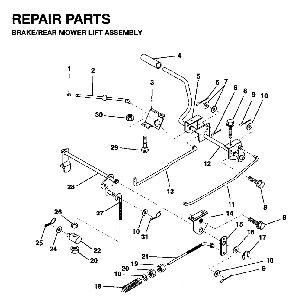 Brake / Rear Mower Lift Diagram and Parts List for LR10 1995-01 Jonsered Lawn Tractor