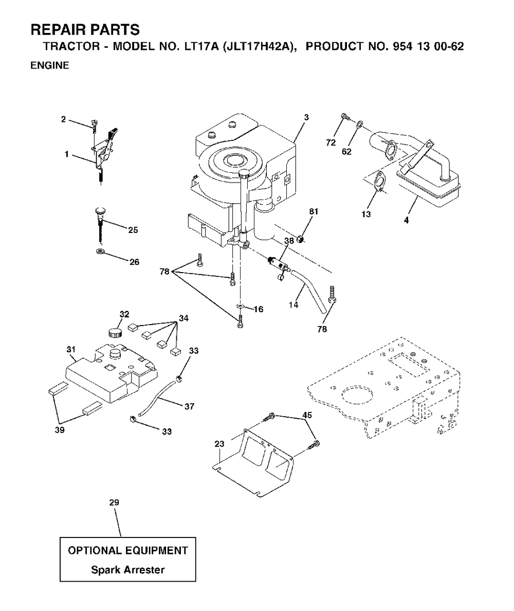 Engine Diagram and Parts List for LT17A (954130062)(2002-06) Jonsered Lawn Tractor