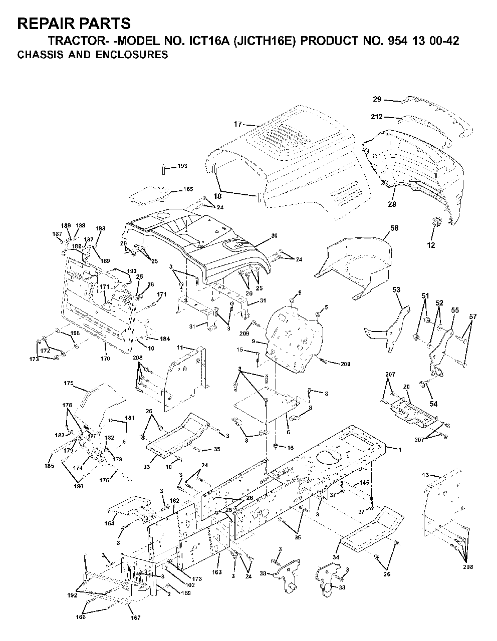 Chassis Enclosures Diagram and Parts List for ICT16A (954130042-E)(2000-04) Jonsered Lawn Tractor