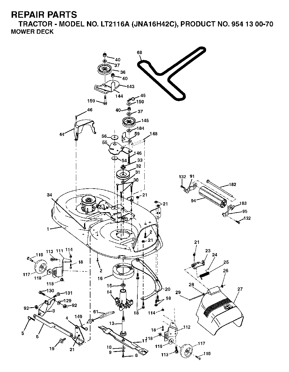 Mower Deck / Cutting Deck Diagram and Parts List for LT2116A (954130070)(2003-05) Jonsered Lawn Tractor