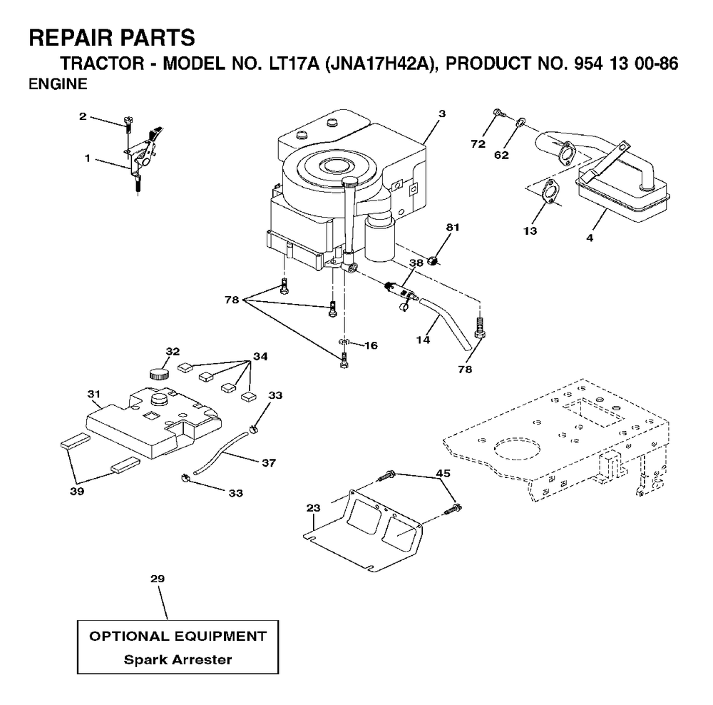 Engine Cutting Equipment Diagram and Parts List for LT17A (954130086)(2003-01) Jonsered Lawn Tractor