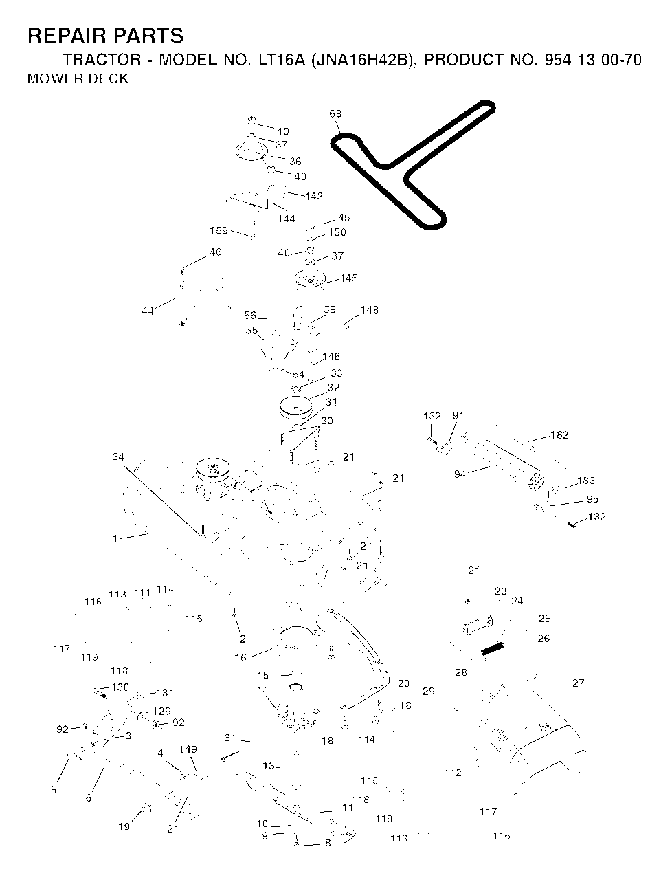 Mower Deck / Cutting Deck Diagram and Parts List for LT16A (954130070)(2003-01) Jonsered Lawn Tractor