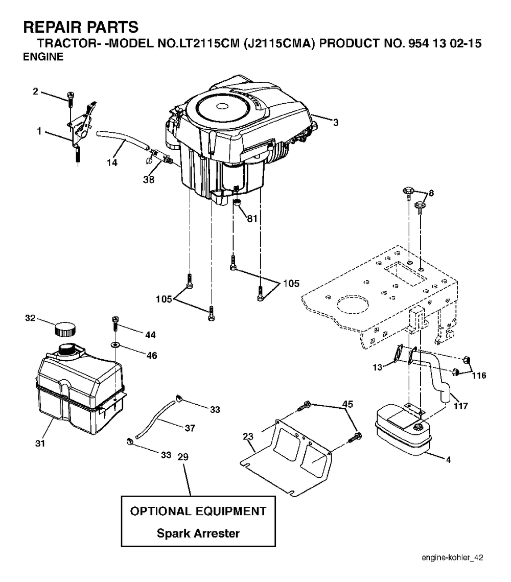 Engine Cutting Equipment Diagram and Parts List for LT2115CM (954130215)(2004-01) Jonsered Lawn Tractor