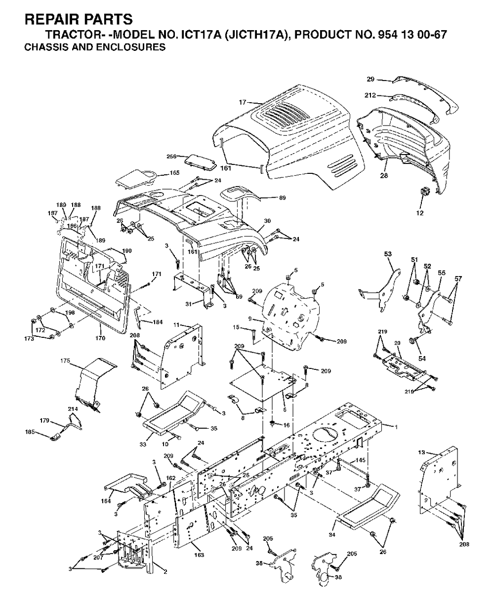 Chassis Enclosures Diagram and Parts List for ICT17A (954130067)(2002-02) Jonsered Lawn Tractor