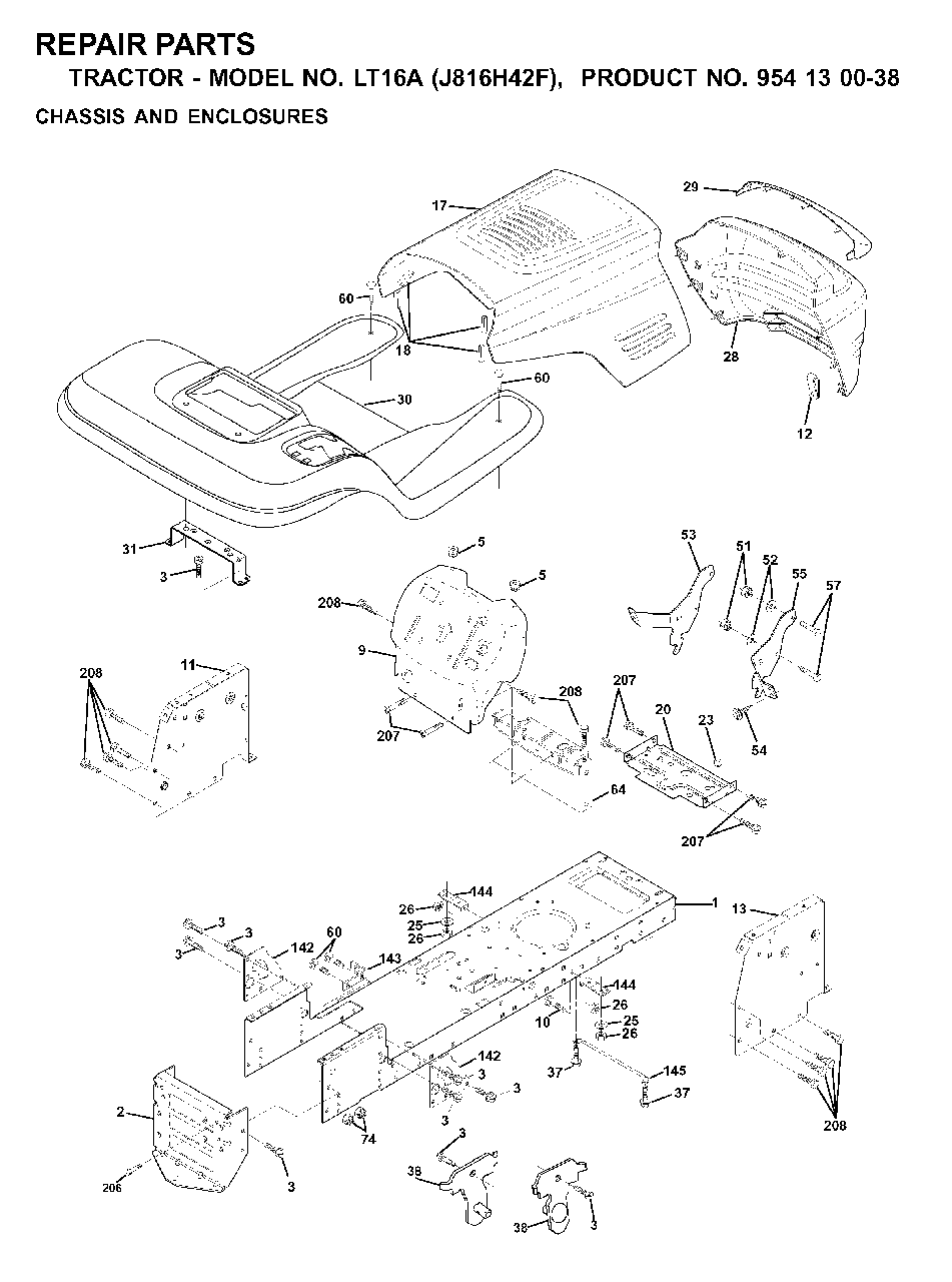 Chassis Enclosures Diagram and Parts List for LT16A (954130038)(2000-03) Jonsered Lawn Tractor