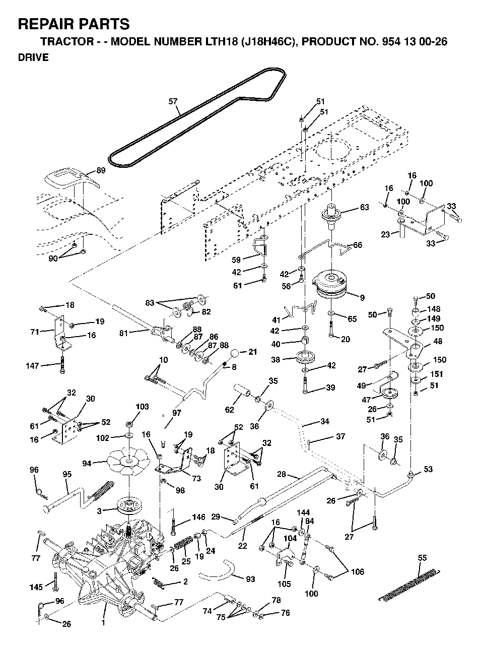 Drive Diagram and Parts List for LTH18 (954130026)(1998-12) Jonsered Lawn Tractor