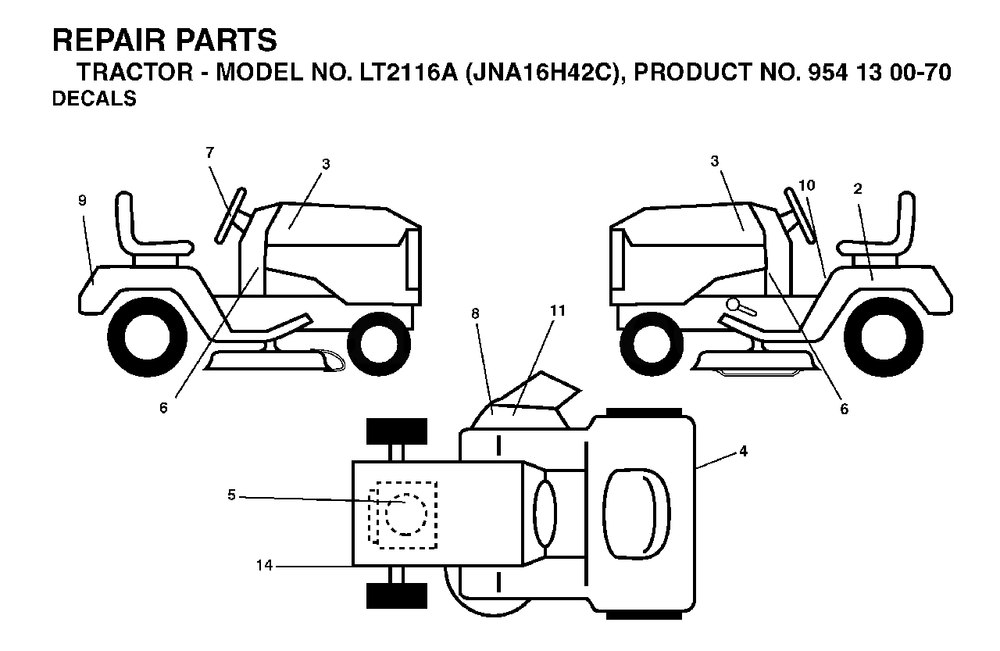 Decals Diagram and Parts List for LT2116A (954130070)(2003-05) Jonsered Lawn Tractor