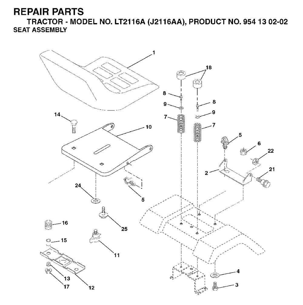 Seat Diagram and Parts List for LT2116A (954130202-A)(2003-01) Jonsered Lawn Tractor