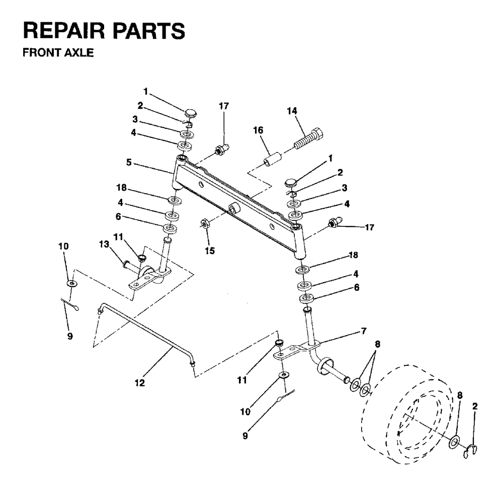 Front Axel Diagram and Parts List for LRH13 1995-01 Jonsered Lawn Tractor