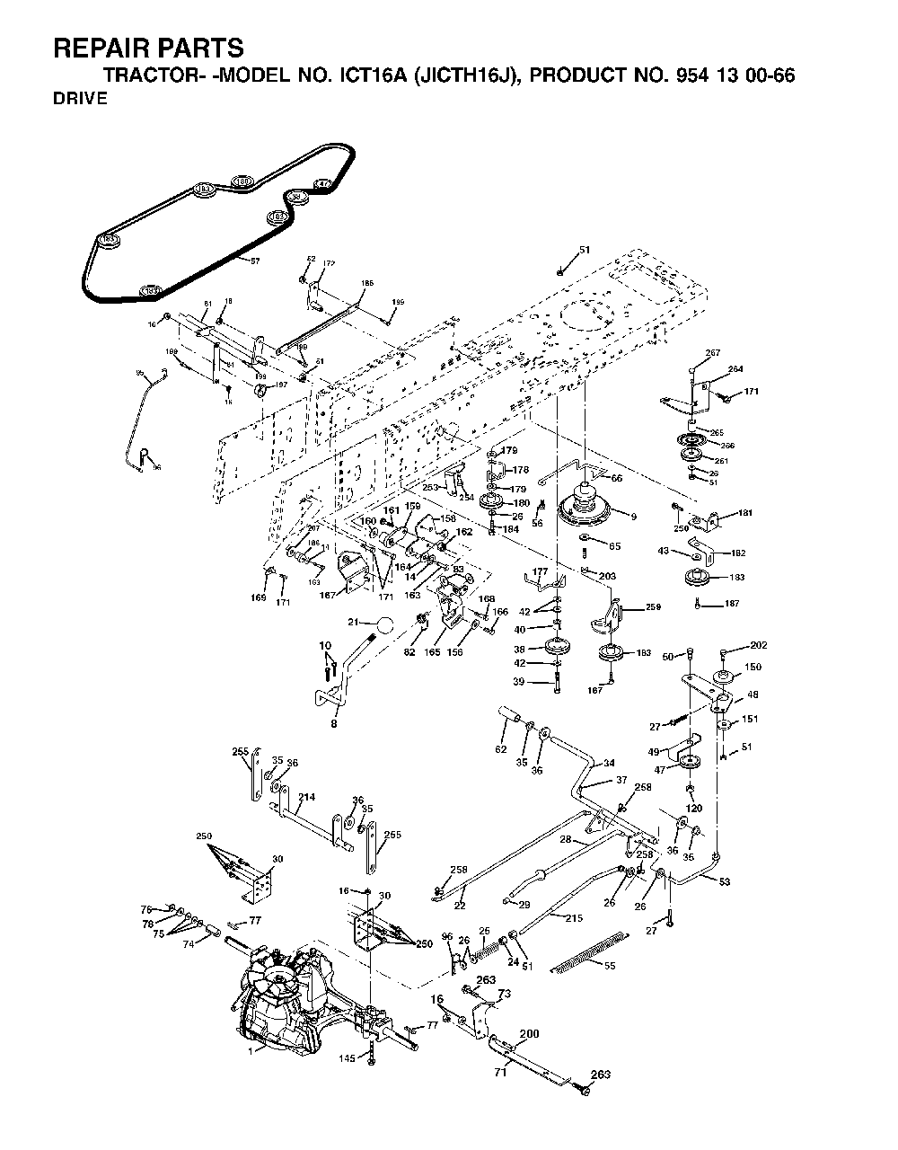 Drive Diagram and Parts List for ICT16A (954130066-J)(2002-06) Jonsered Lawn Tractor
