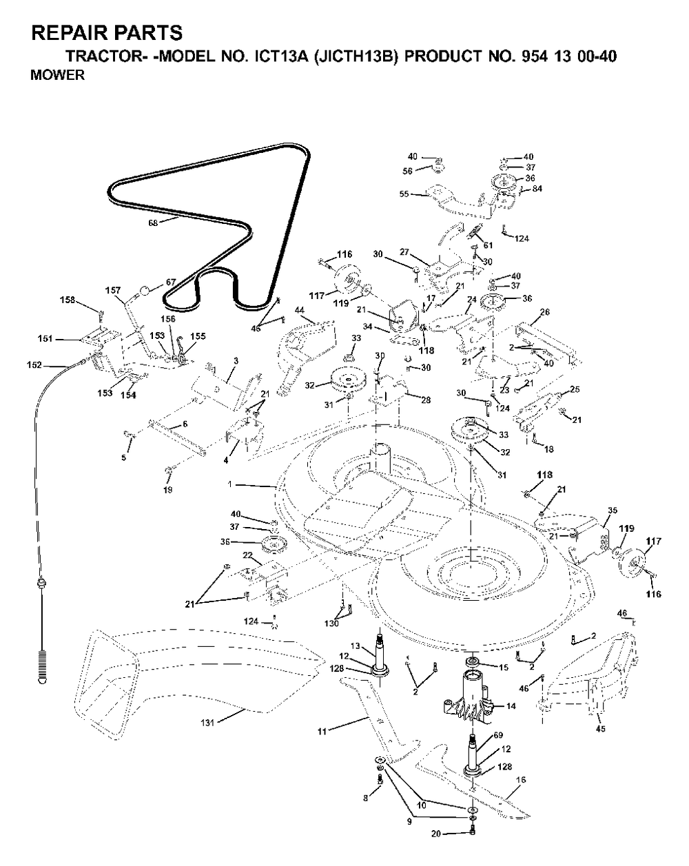Mower Deck / Cutting Deck Diagram and Parts List for ICT13A (954130040)(2000-04) Jonsered Lawn Tractor
