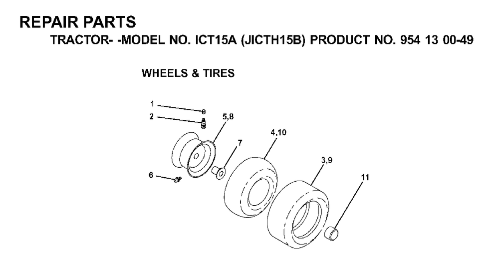 Wheels Tires Diagram and Parts List for ICT15A (954130049-B)(2001-02) Jonsered Lawn Tractor