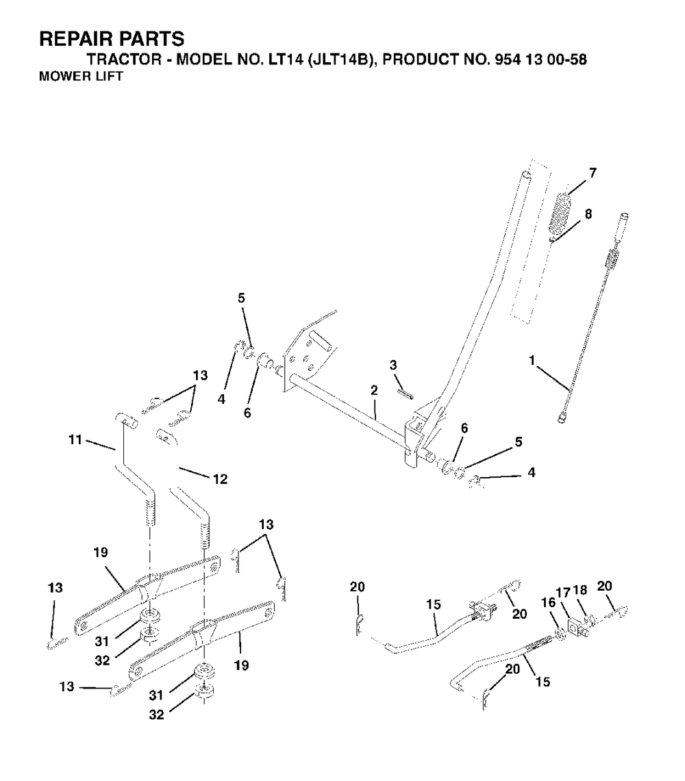 Mower Lift / Deck Lift Diagram and Parts List for LT14 (954130058)(2003-01) Jonsered Lawn Tractor