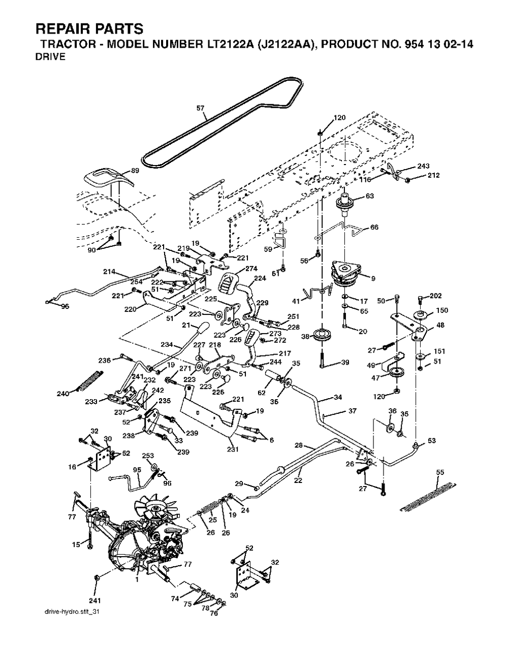 Drive Diagram and Parts List for LT2122A (954130214)(2004-01) Jonsered Lawn Tractor