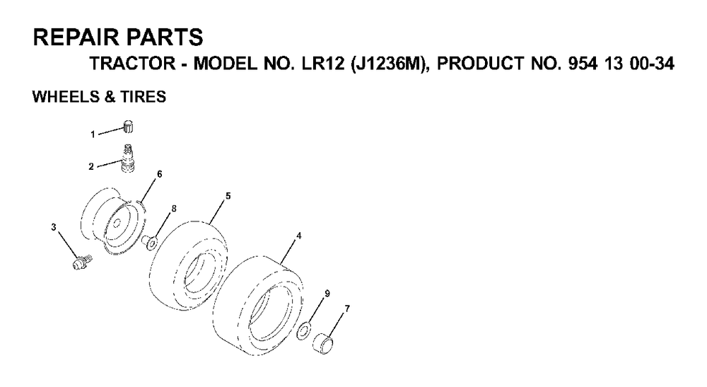 Wheels Tires Diagram and Parts List for LR12 (954130034)(2000-04) Jonsered Lawn Tractor
