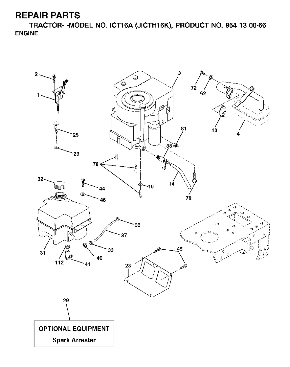 Engine Diagram and Parts List for ICT16A (954130066-K)(2002-06) Jonsered Lawn Tractor