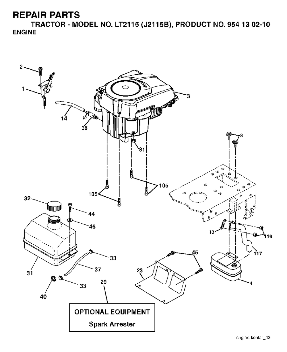 Engine Cutting Equipment Diagram and Parts List for LT2115 (954130210)(2004-06) Jonsered Lawn Tractor