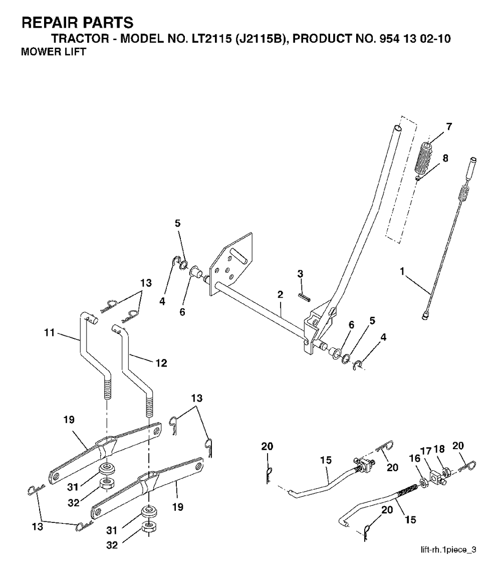 Mower Lift / Deck Lift Diagram and Parts List for LT2115 (954130210)(2004-06) Jonsered Lawn Tractor
