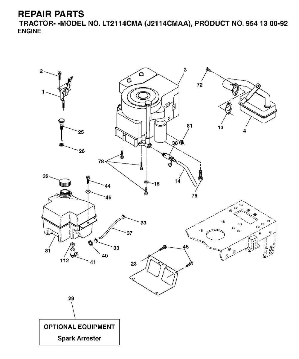 Engine Diagram and Parts List for LT2114CMA (954130092-A)(2003-01) Jonsered Lawn Tractor