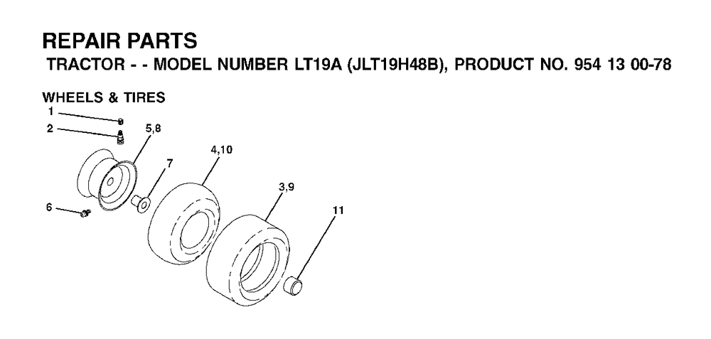 Wheels Tires Diagram and Parts List for LT19A (954130078)(2002-03) Jonsered Lawn Tractor