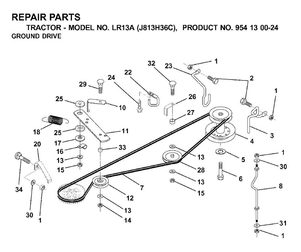 Drive Diagram and Parts List for LR13A (954130024)(2000-03) Jonsered Lawn Tractor