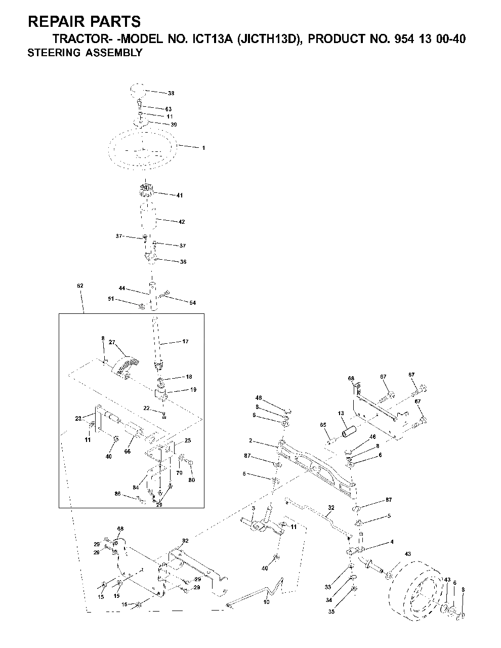 Steering Diagram and Parts List for ICT13A (954130040-D)(2001-02) Jonsered Lawn Tractor