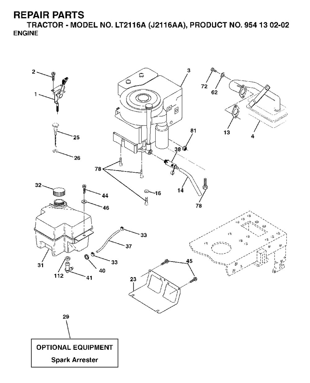 Engine Diagram and Parts List for LT2116A (954130202-A)(2003-01) Jonsered Lawn Tractor