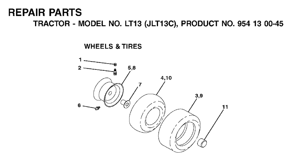 Wheels Tires Diagram and Parts List for LT13 (954130045)(2001-09) Jonsered Lawn Tractor